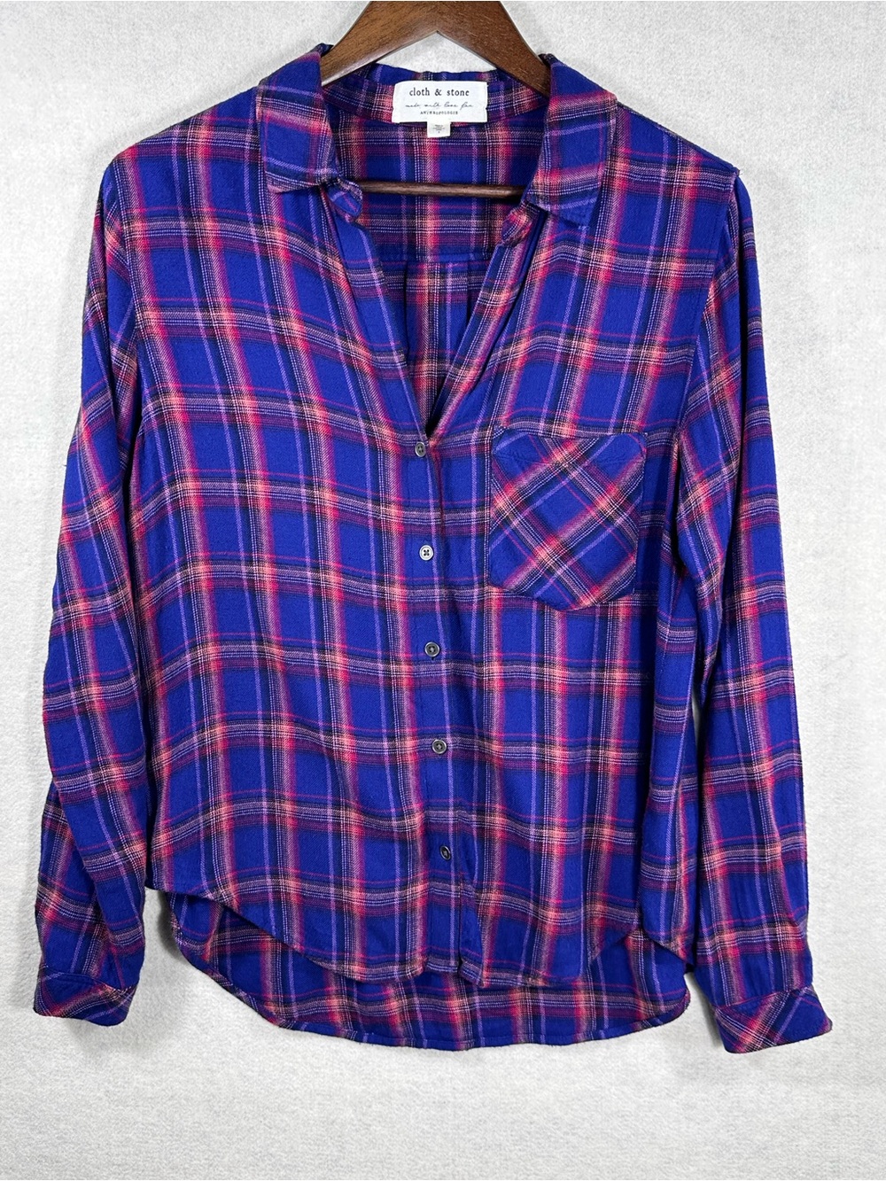 Anthropologie Cloth & Stone Plaid Button Front Rayon Shirt Women’s Small Blue
